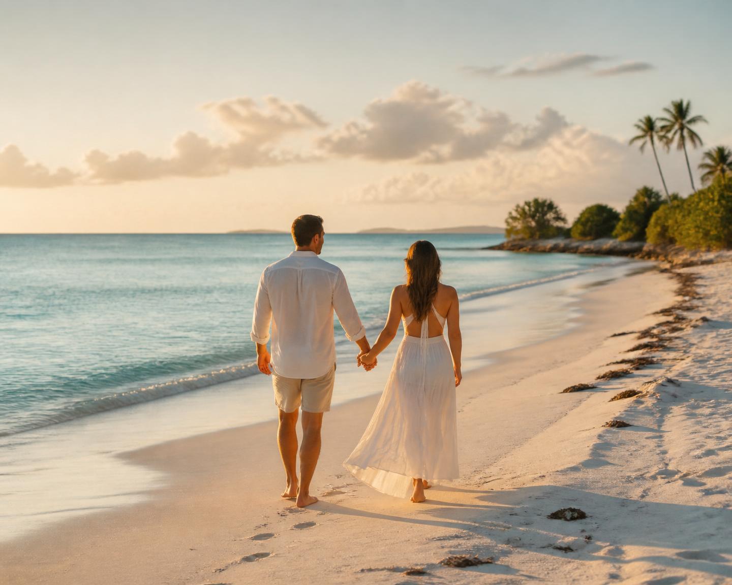 A couple walking together along the shoreline at golden hour