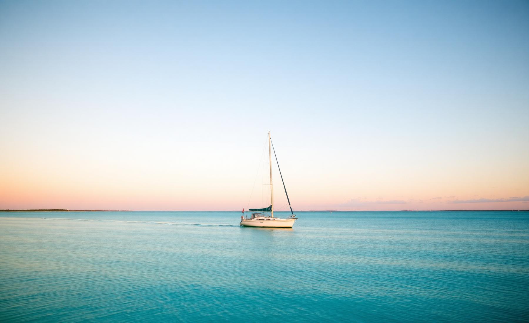 A sailboat drifting on quiet turquoise water near Man-O-War Cay